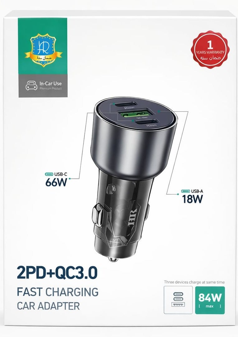 HR 84W Fast Charging Car Adapter | Dual USB-C PD + USB-A QC3.0 | 3-Port Car Charger | DC 12–24V - Image 2